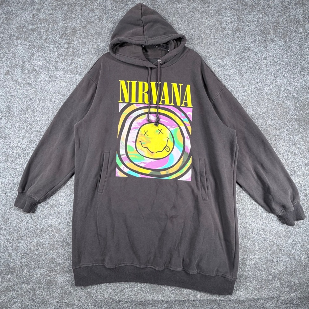 H&M Divided Mens Hoodie Nirvana Graphic Smiley Face XXL Black Oversized Longline